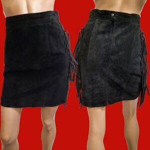 Vintage 90s Black Fringed Suede Mini Skirt Size S Western Rocker Grunge Indie